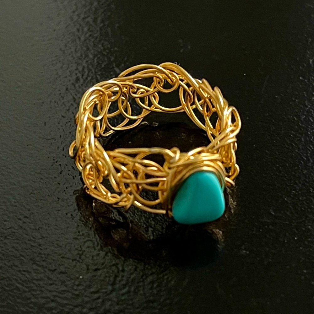 NEW! NWOT Hand Made Ring Wire Wrapped Gold with Turquoise Bead Women-size 6/7.5
